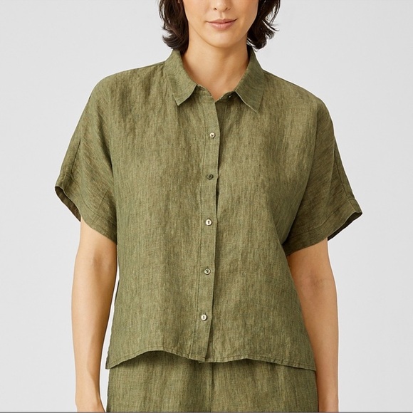 Eileen Fisher Washed Organic Linen Delave Short-Sleeve Shirt Green Sz Medium - Picture 1 of 7